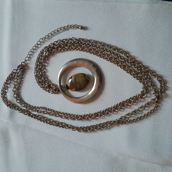 Tiger's Eye Pendant 32" Double Chain Vintage Necklace, Light Gold Tone - Picture 3 of 8